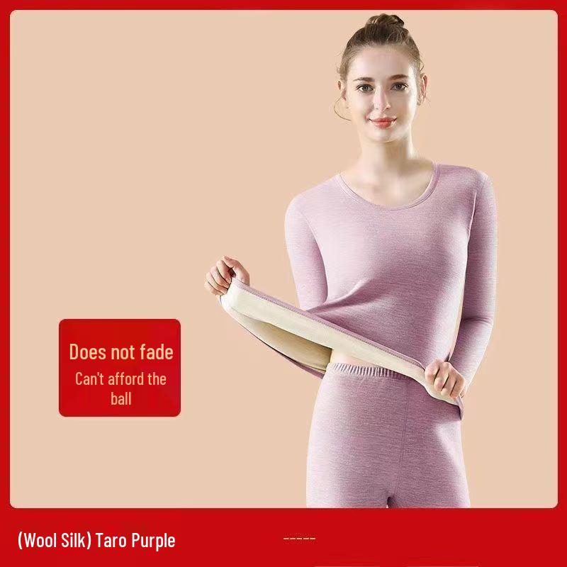 Women's Benming Year Red Seamless Wool Silk Underwear Set - Medium Thickness, Fleece-Lined Round Neck Base Layer