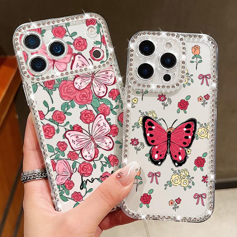 Butterfly Printing Bling Diamond Case For iPhone 17 Air 16e 16 14 15 13 17 Pro Max 15 16 Plus 17 Soft TPU Silicone Phone Cover