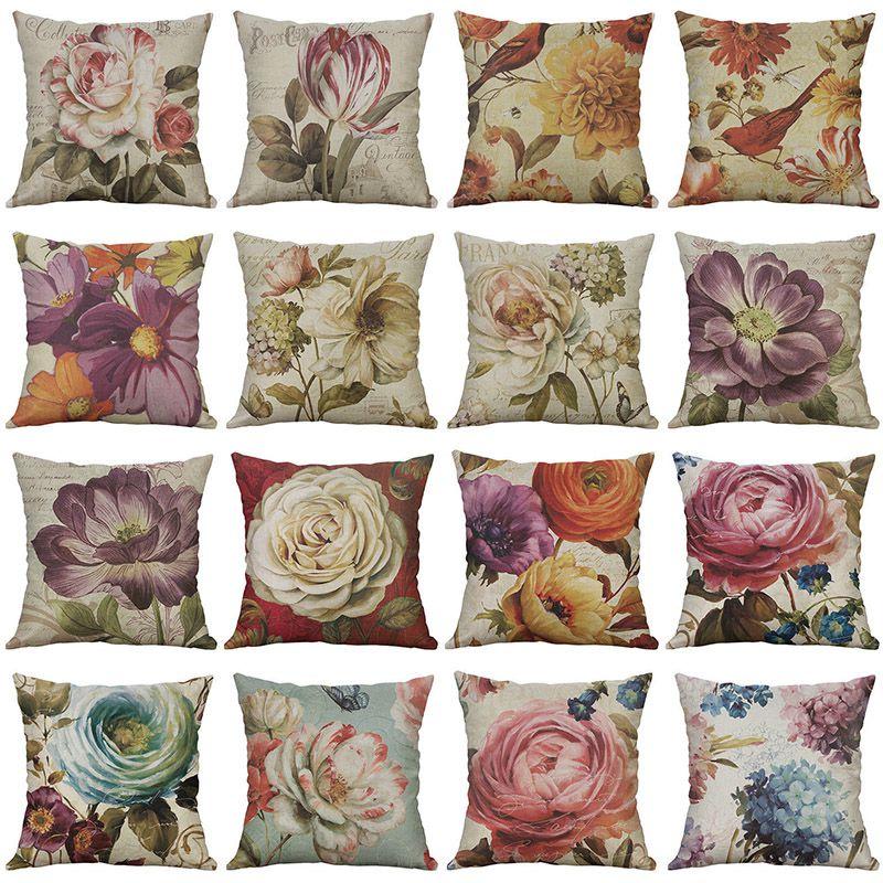 Premium Retro Flower Linen Pillow Case For Stylish Sofa Home Decor 18 Inches