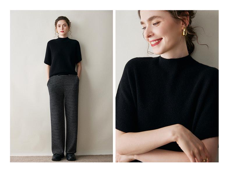 Women's Casual Half-High Collar Knit Cashmere Sweater Vest - Simple, Versatile, Comfortable Pullover, Short Sleeve