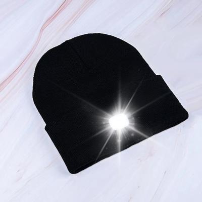Women Autumn Winter Knitting Hat Solid Color Brimless Hat with LED Light Warm Windproof Elastic Beanie Hat