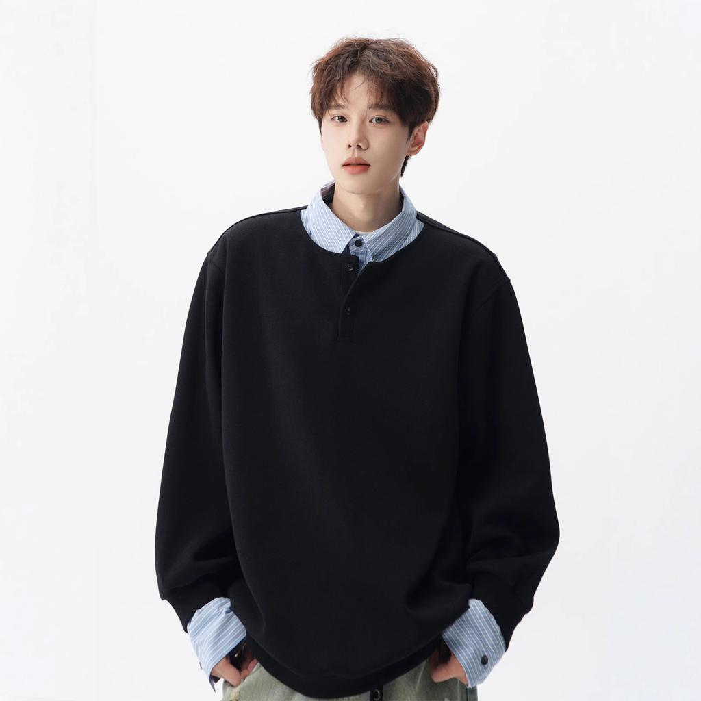 Japanese Fake Two POLO Shirts Men's Autumn College Style Lapel Sweater Retro with Bottoming Shirt Inside.