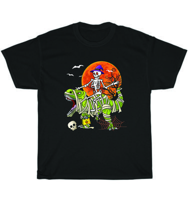 Skeleton Riding Dinosaur Mummy Halloween Party Ghost T-Shirt Unisex Tee Gift NEW