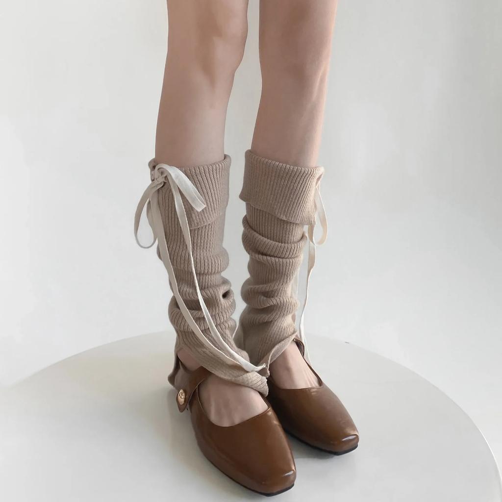 Solid Color Knitted Women Leg Warmers Sweet Girls Bow Long Socks Stockings Knitted Foot Cover JK Lolita Kawaii Cute Leg Warmers