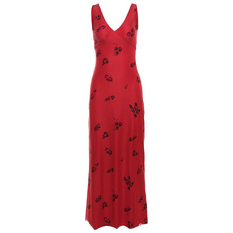 

# Sisjuly# Intellectual Elegance Vacation Style V Neck Floral Slip Dress Female Special-Interest Design Summer Sexy Dress Red L