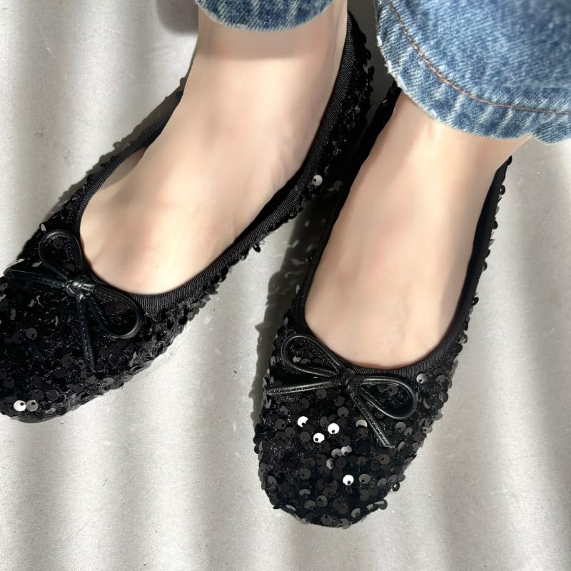 Jumpable Pumps, Flats, Sequined, Square Toe, Sparkly, Lightweight, Cushioned, Washable Insole, Perfect for Ceremonies and Occasions, R-3216