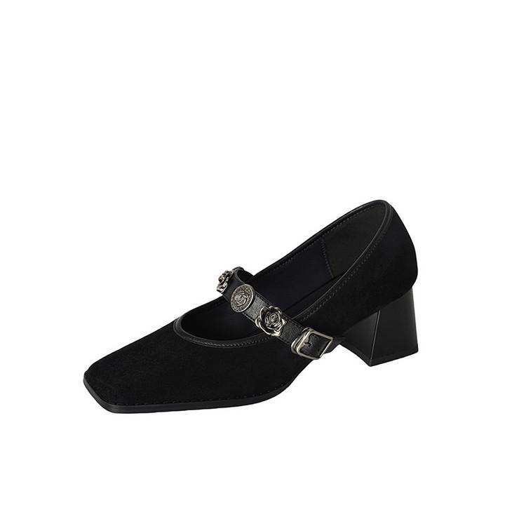 Fashion NEW Spring/Autumn Women Pumps Square Toe Chunky Heel Shoes Sheep Suede Leather Shoes for Women Slip-on Metal Buckle Strap Shoes