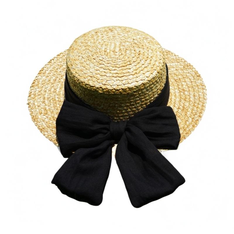 Japanese Handmade Straw Retro Big Bow Women'S Summer Sunshade Sun Protection Wide Brim Flat Top Top Hat Vacation Beach Straw Hat