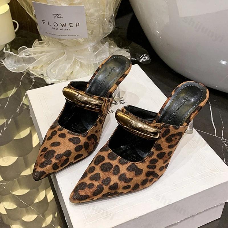 Leopard Women High Heels Slippers Summer New 2026 Pointed Toe Heeled Shoes Mules Sexy Sandals Trend Party Pumps Woman Zapatos