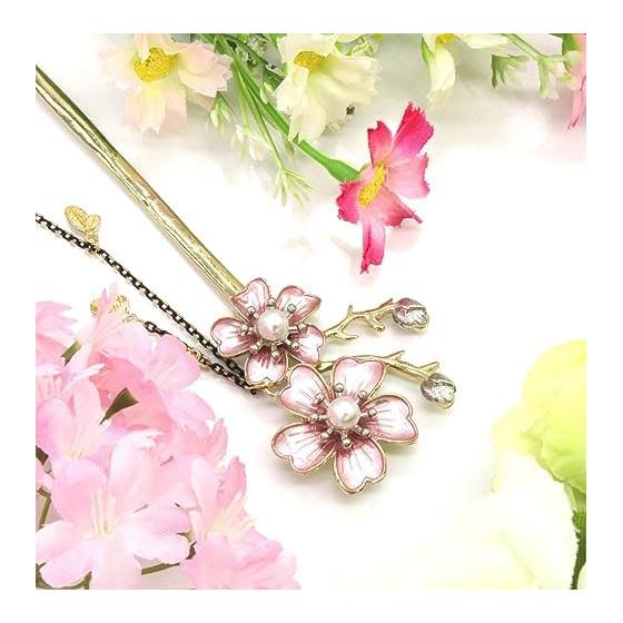 [Miaomyao] Haarstab Kanzashi - Japanisches Haaraccessoire für Kimono, Yukata und formelle Anlässe - Perle, Kirschblüte, Gold - Eleganter Haarstab