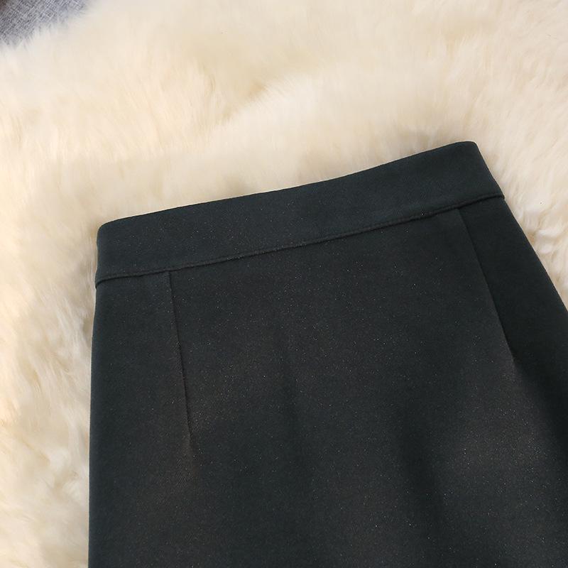 Women's Slimming A-Line Black Wool Mid-Length Skirt - Thickened & High-Waist for 2024 Autumn/Winter.
