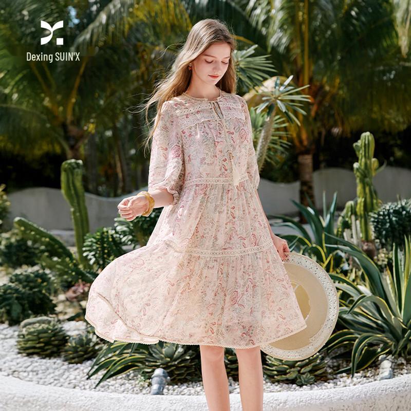 Xiangying French Retro Floral Puff Sleeve Mid-Length Dress M