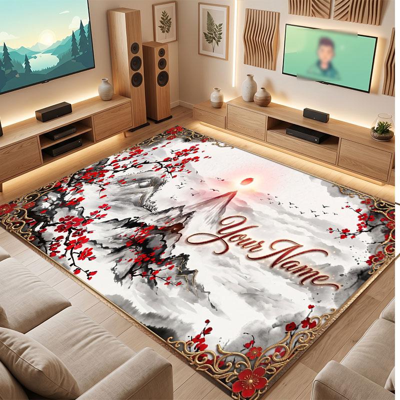 Floral Garden Theme Crystal Velvet Floor Rug Personalized Custom Name Text Warm Carpet Home Decoration