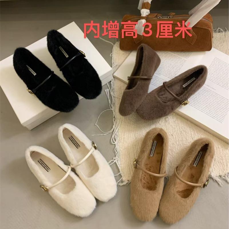 Inner Height Increase 4cm Mary Jane Mao Mao Shoes Women's Shoes 2025 New Autumn and Winter Gentle Word with Velvet Bean Shoes