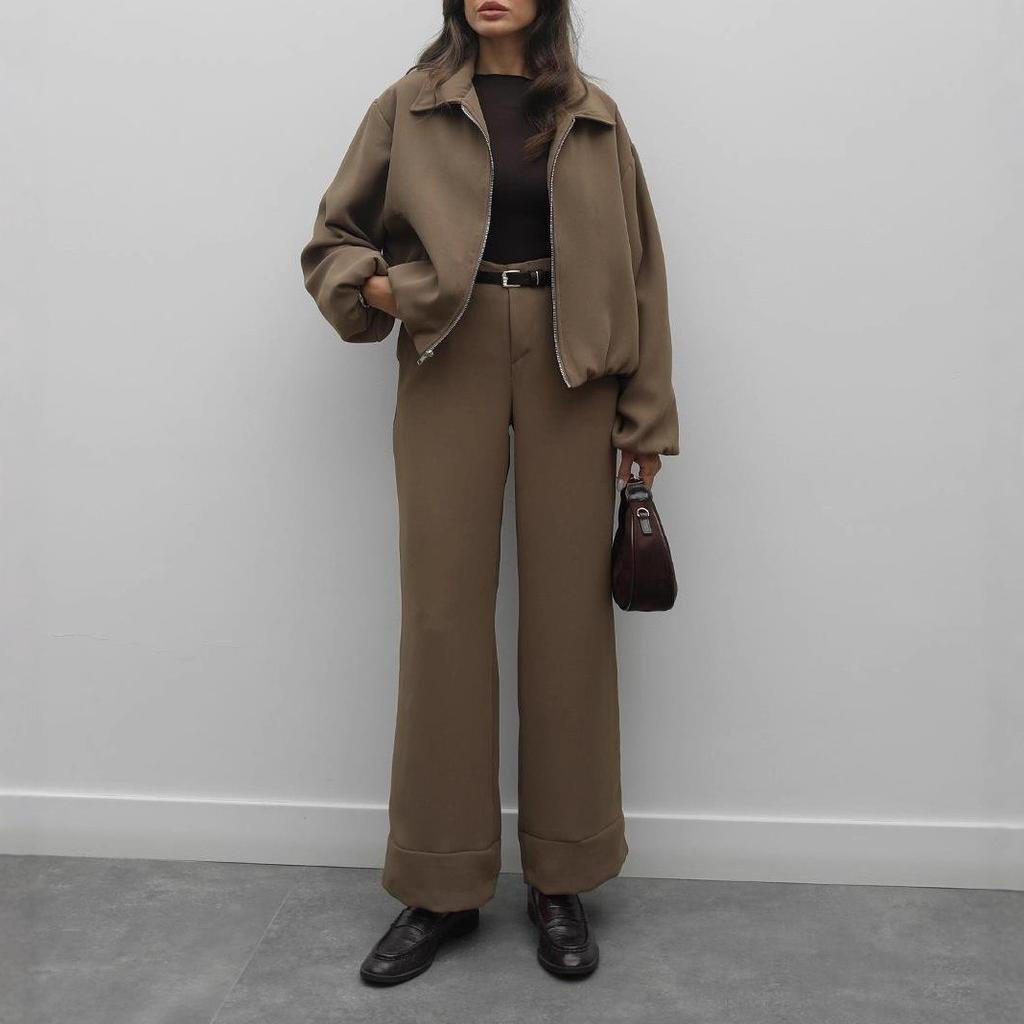 2025 Cross-border European and American Women's Clothing Amazon V-neck Long-sleeved Lapel Zipper Casual Pants Straight Versatile Set