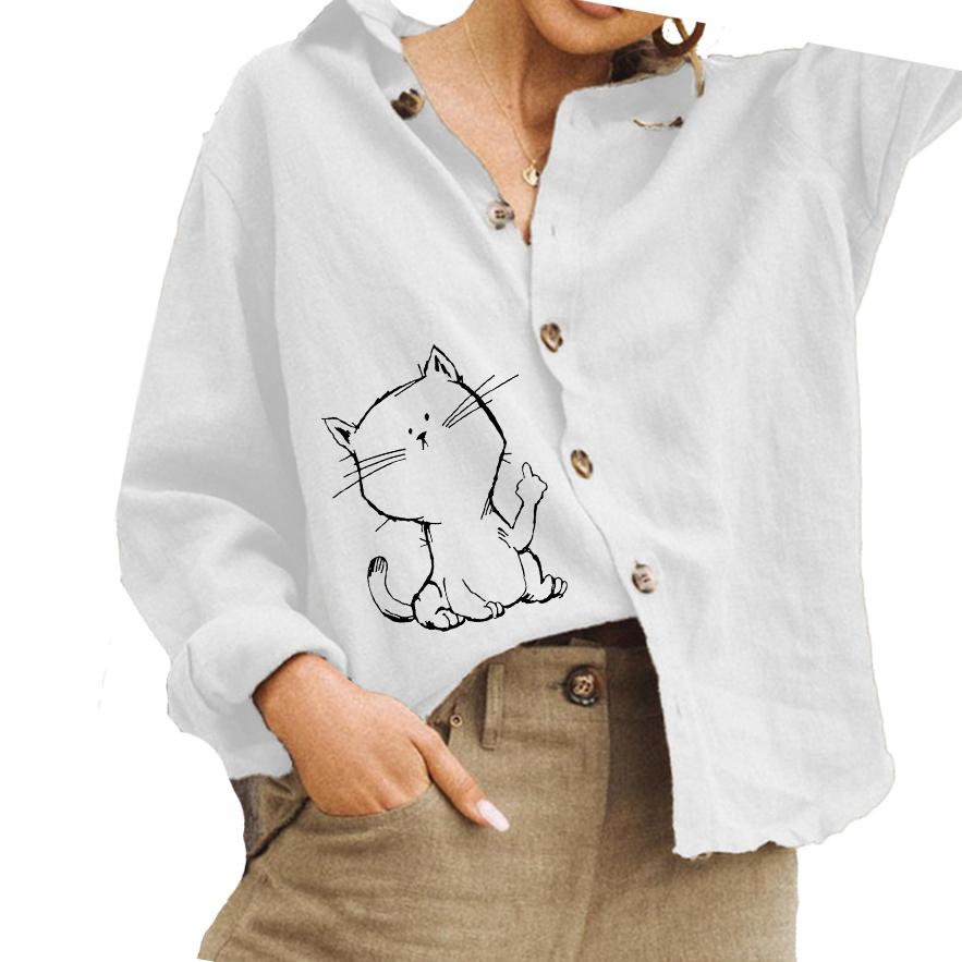 

Жіноча модна бавовняна лляна сорочка, повсякденна блузка з котячим принтом, жіноча сорочка з відкладним коміром і ґудзиками L білий