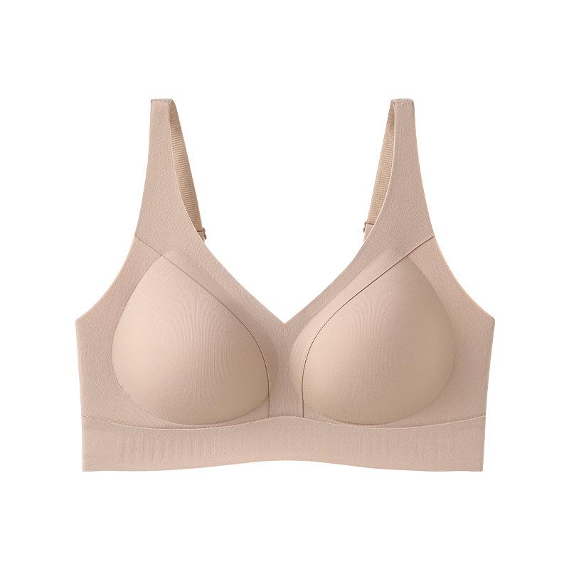 Nude Seamless Wireless Bra with Wide Supportive Straps and Smooth V-neck Design