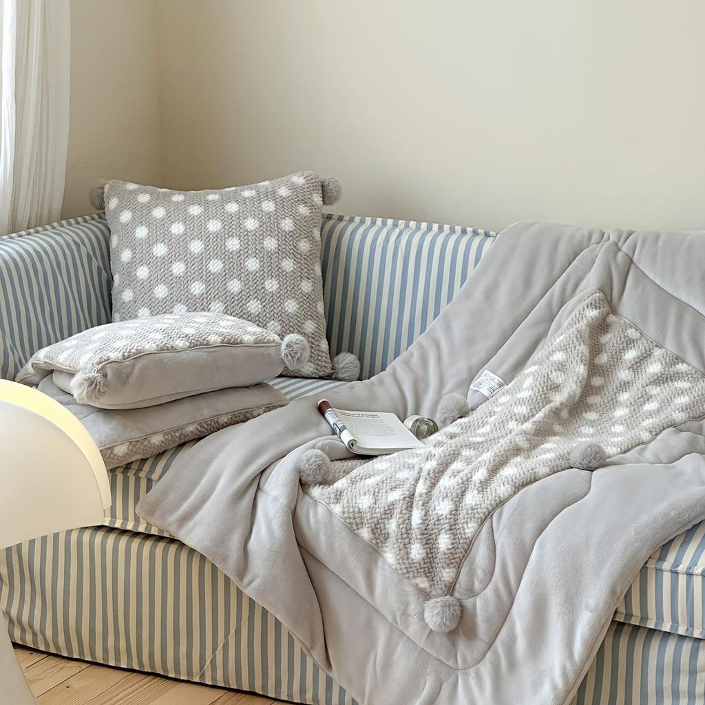 Pom Pom Pillow Blanket 2 in 1, Flannel Fleece Throw Blanket for Nap, Office, Car, Student, Plush & Thick, Removable Cover