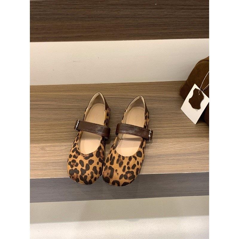 Flat bottom suede leopard print single shoes spring and autumn Mary Jane evening shoes