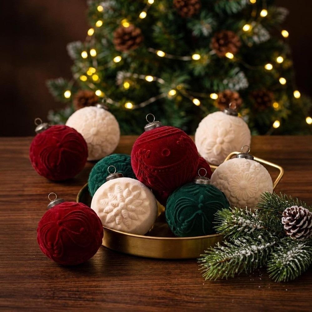 9Pcs Flocking Hanging Christmas Balls Embossed Festive Hanging Decorations Home Mantel Decoration