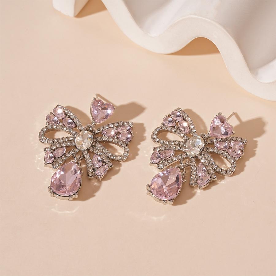 Sophisticated Diamond Bow Teardrop Tassel Earrings – Elegant Silver Needle Jewelry for Women