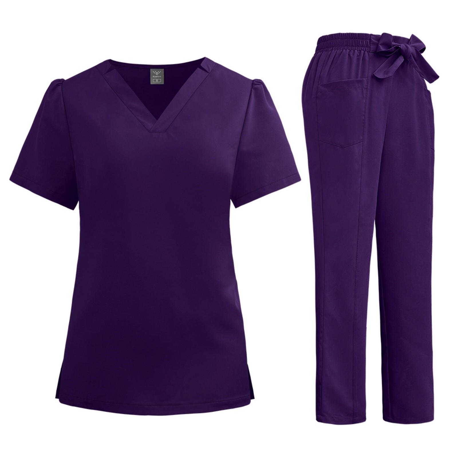 

Women s Uniform Quick-drying Fabric Color V-neck Pocket Short-sleeved Trousers Suit Uniform Suit XL фиолетовый