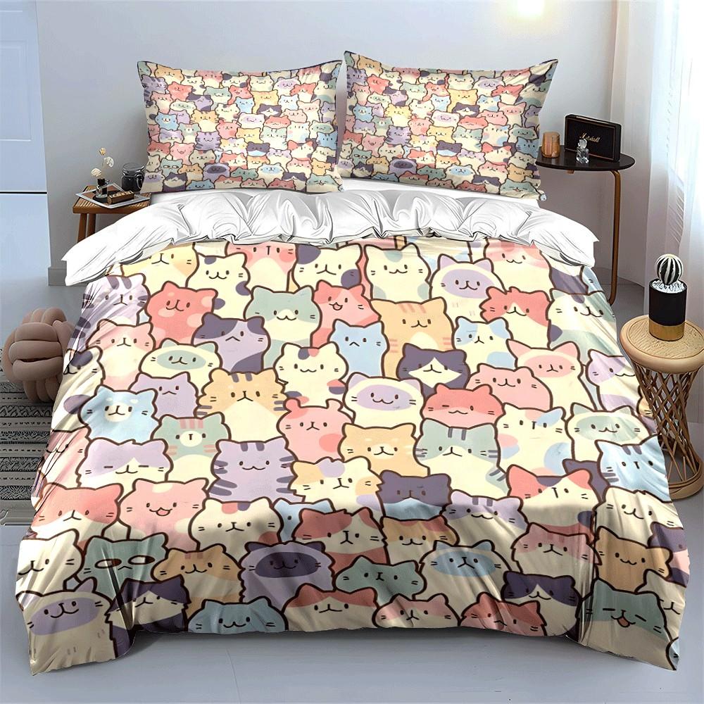 Pastel Cat Pattern Set for Decoration Exquisite Three-piece Bedding Set Gift for Kids and Adults