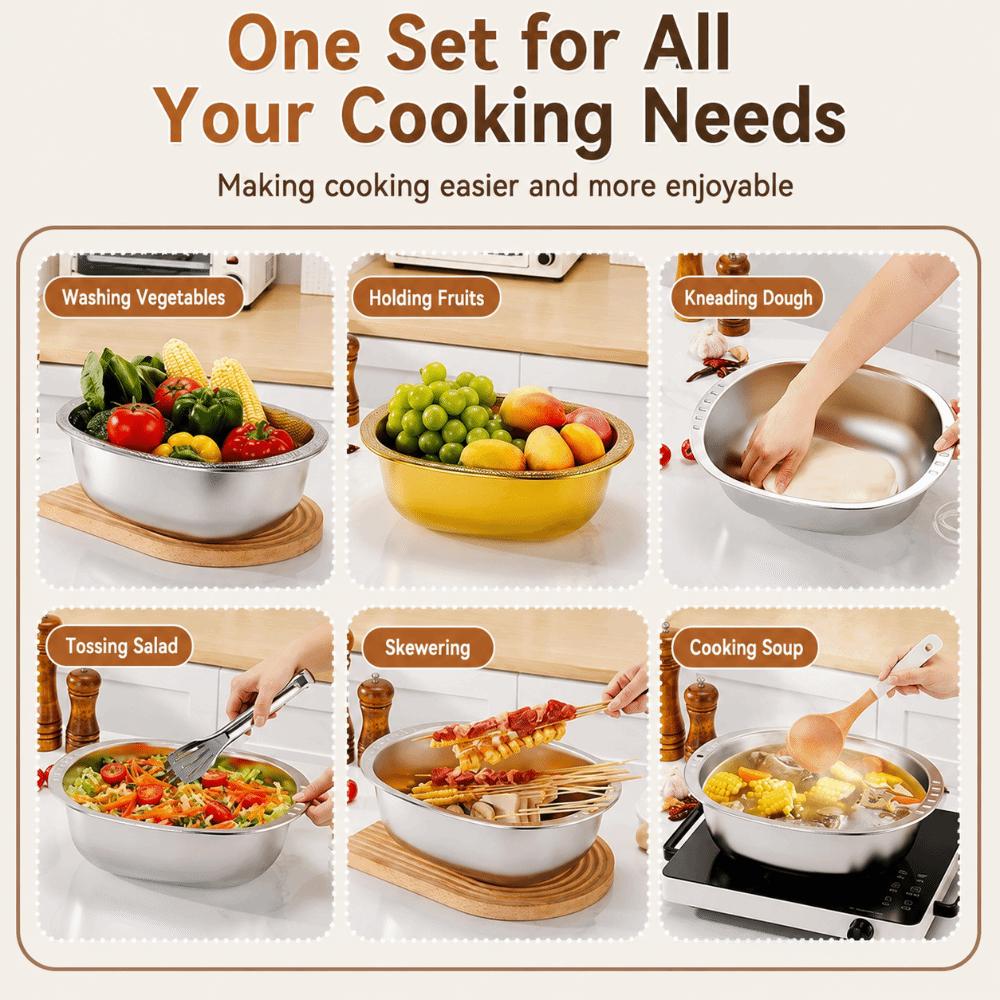 201 Stainless Steel Rice Washing Basin 2 in 1 Mixing Bowl New Vegetable Washing Basin Kitchen Use