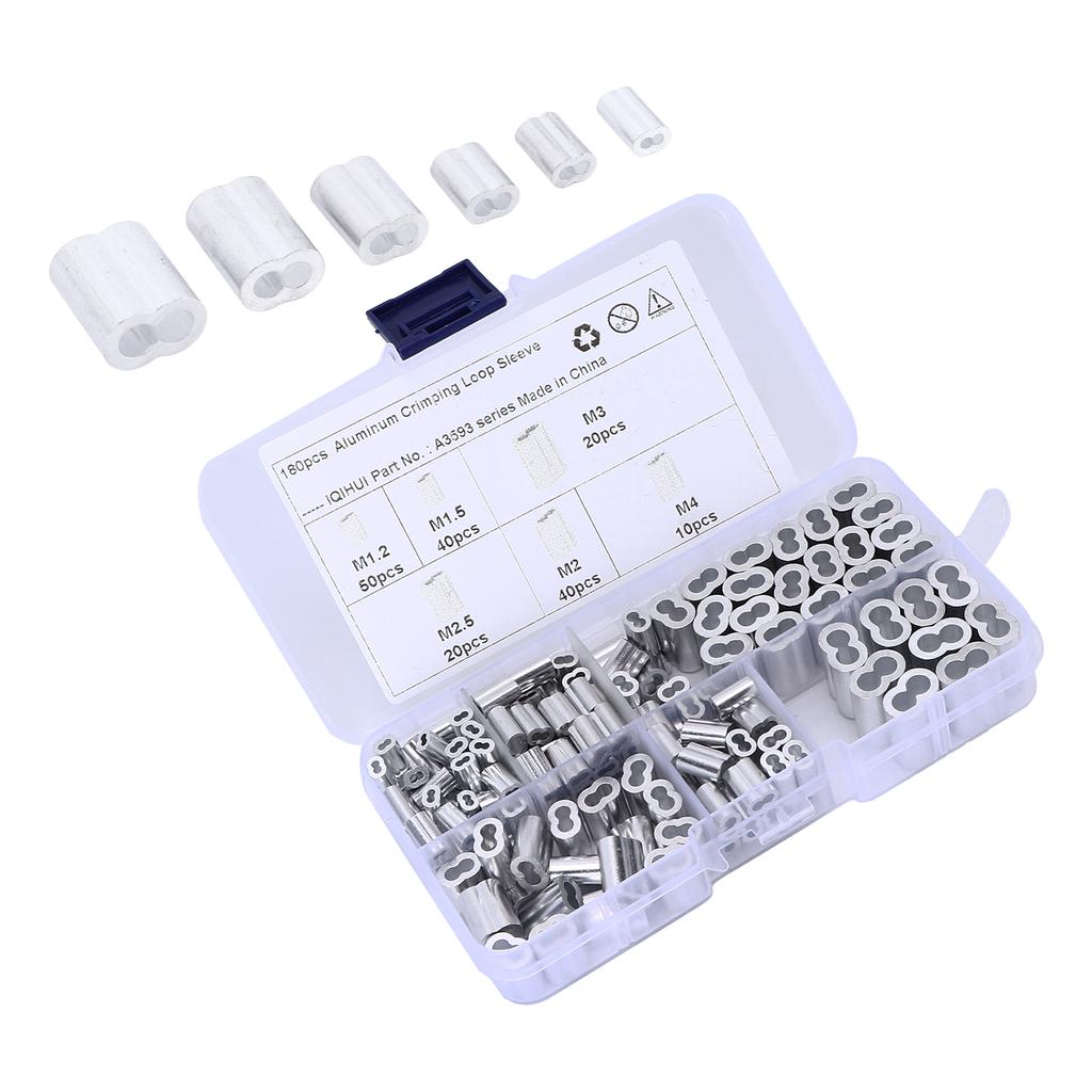 180pcs Crimping Loop Sleeve Kit 6‑Size Aluminum Double Barrel Ferrule Universal for Wire Rope Cable 