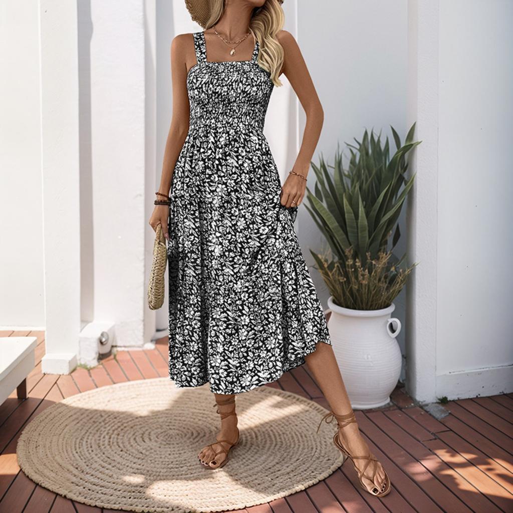 Summer New Printed Maxi Dress, Sleeveless Spaghetti Strap Elastic High Waist Long Sundress, Leisure Casual Dress for Women