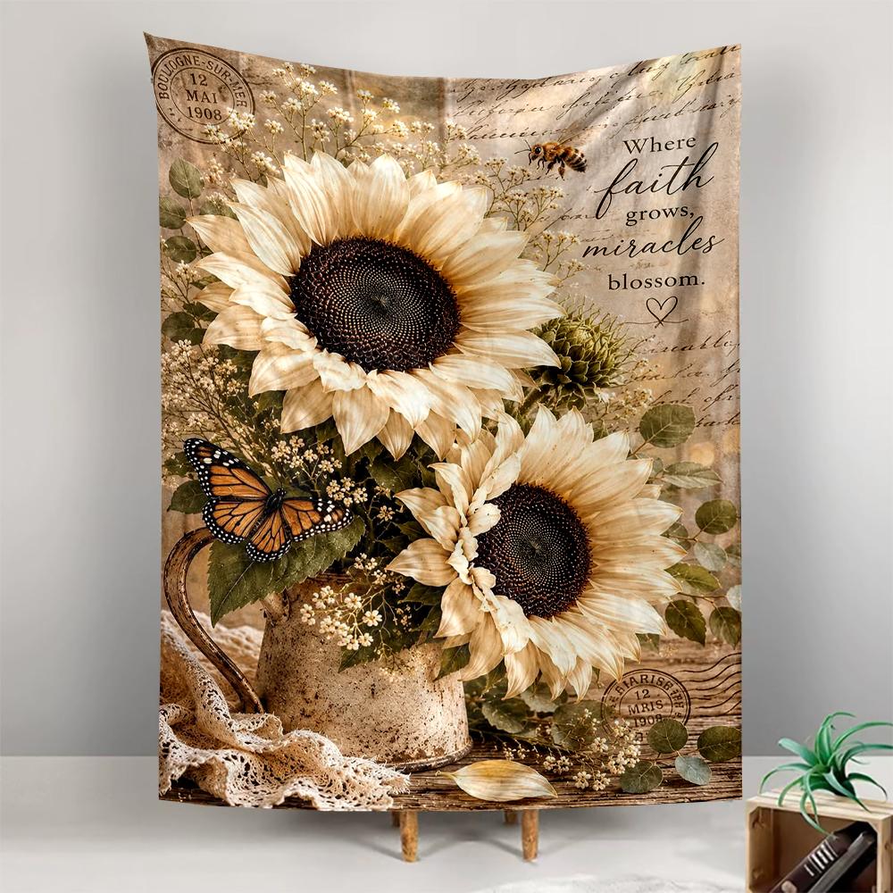Sunflower and Butterfly Rustic Vintage Design Patterned Tapestry for Bedroom and Living Room Home Decor