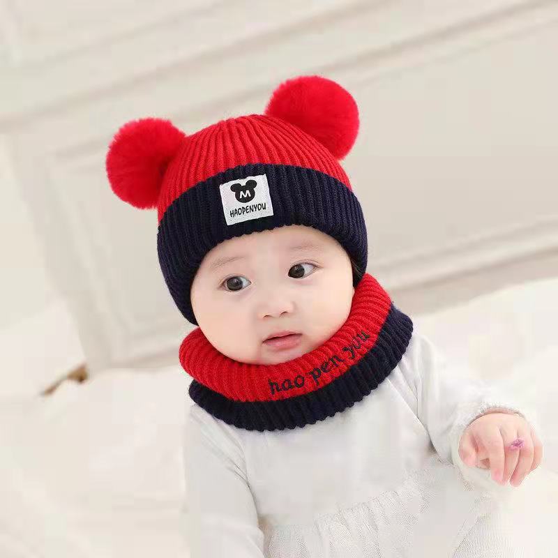 Baby Boy and Girl Baby Hat Autumn and Winter Cute Ball Velvet Thickened Windproof Ear Protection Children's Hat Scarf Knitted Hat