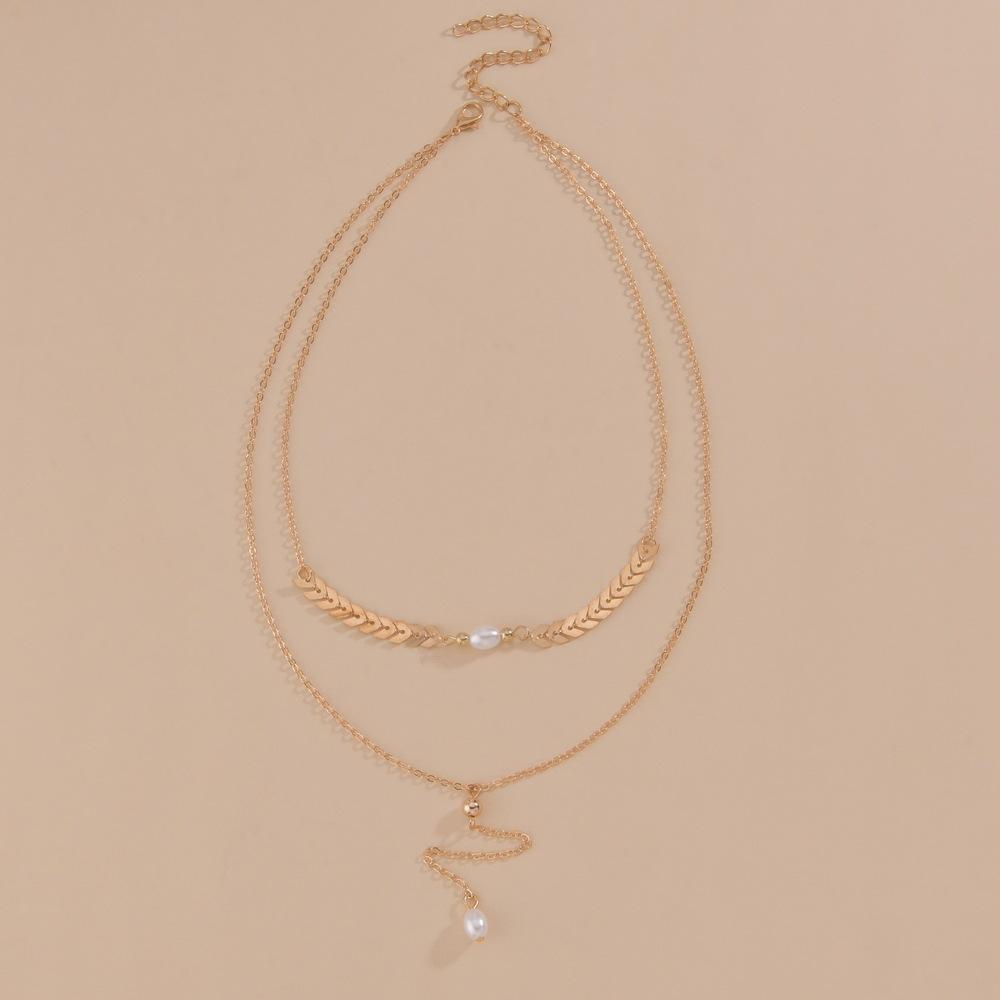 Personalized leaf pearl multi-layer pendant necklace, metal women's necklace