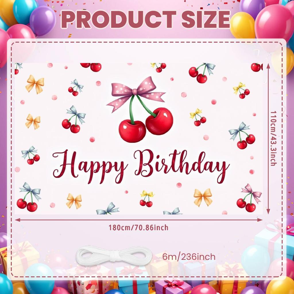Happy Birthday Banner Sweet Pink Bowknot Cherry Pattern Birthday Party Decoration Backdrop Fruit Theme Photo Background Shoot