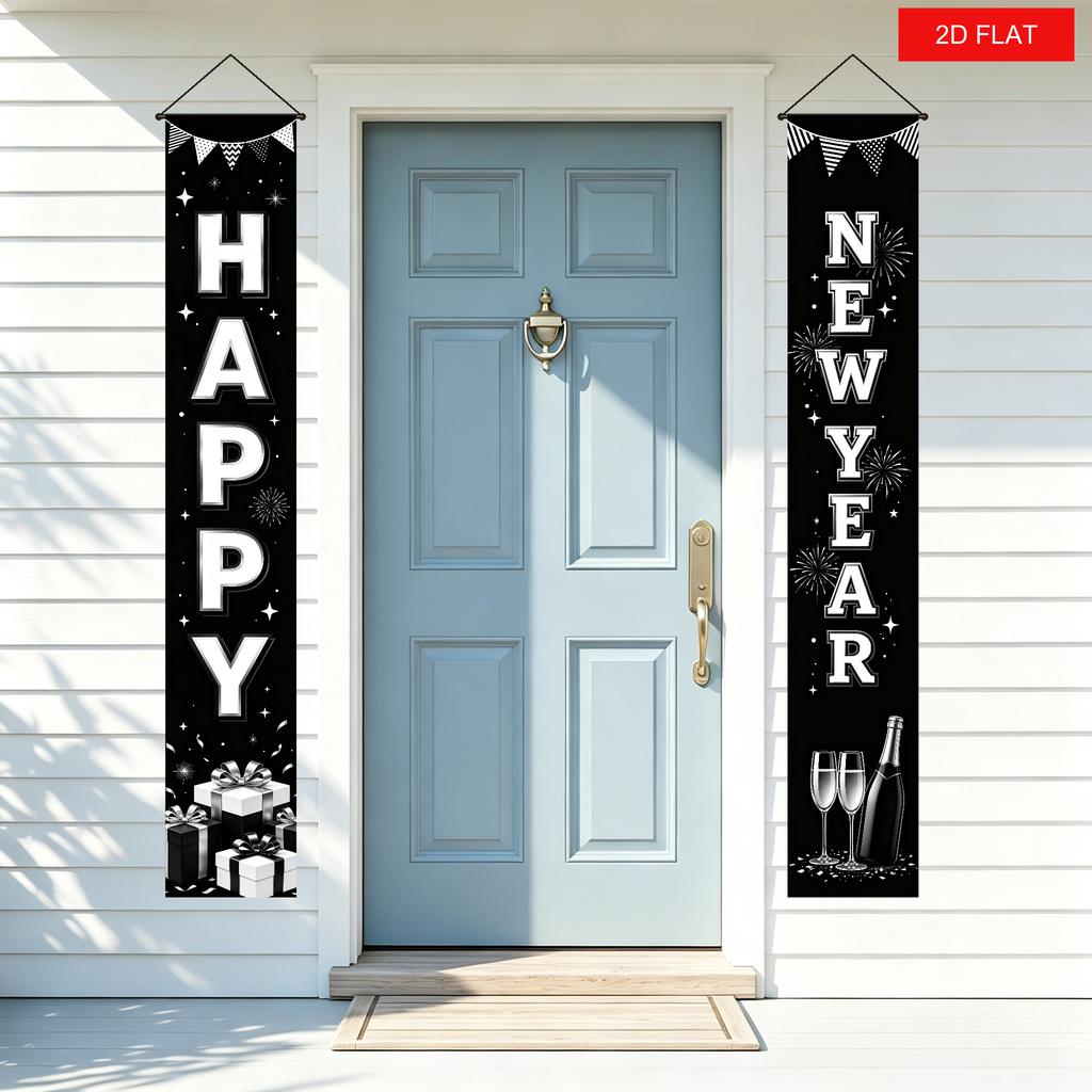 2D Flat, 2pcs New Year's Eve Banner - Happy New Year Letters with Fireworks & Wine Bottle Decorations Suitable for Indoor/Outdoor Door Hanging, Party