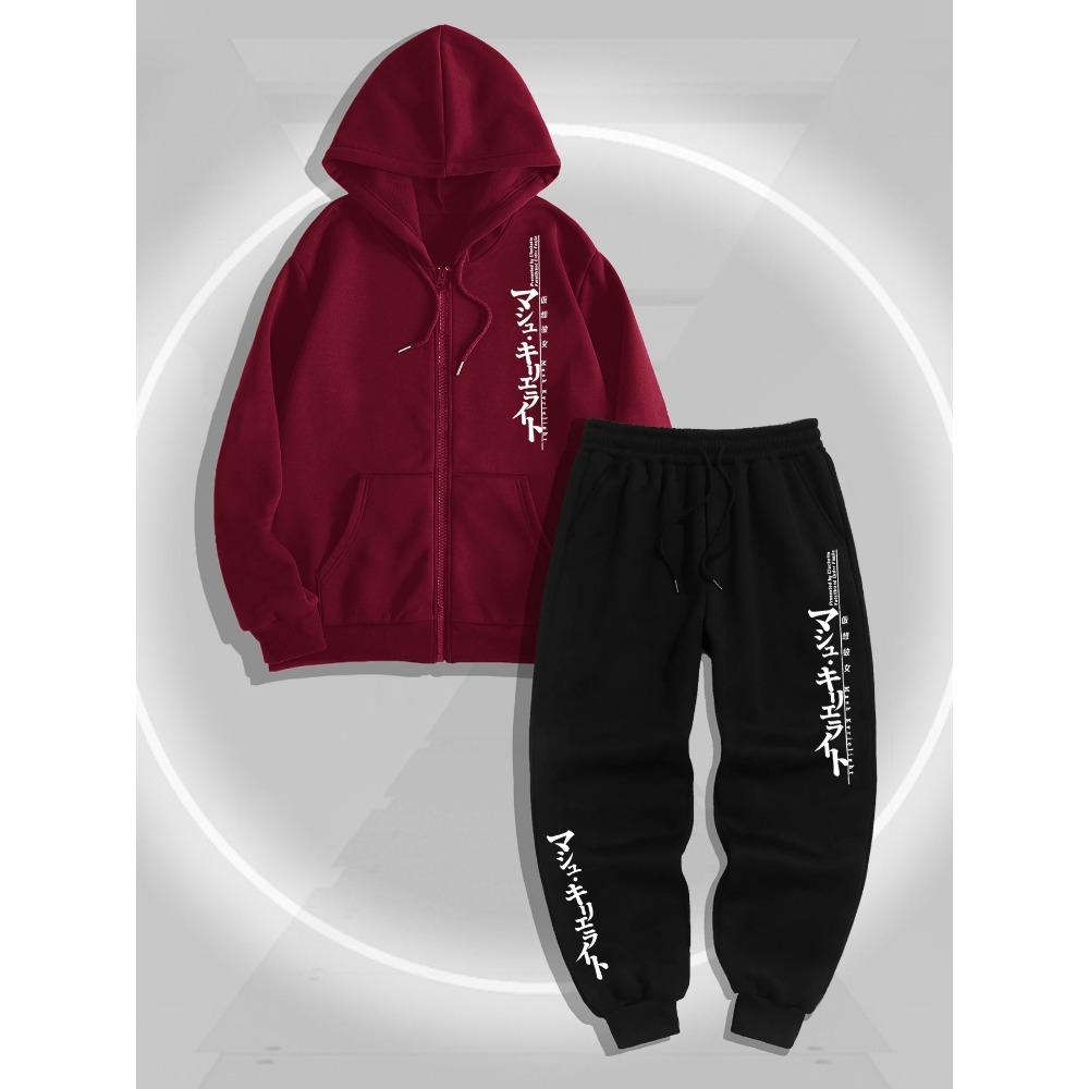

Fashionable Text Pattern Printed Men s Zipper Hooded Sweatshirt Jogging Pants Set, with Comfortable and Soft Fabric XXL