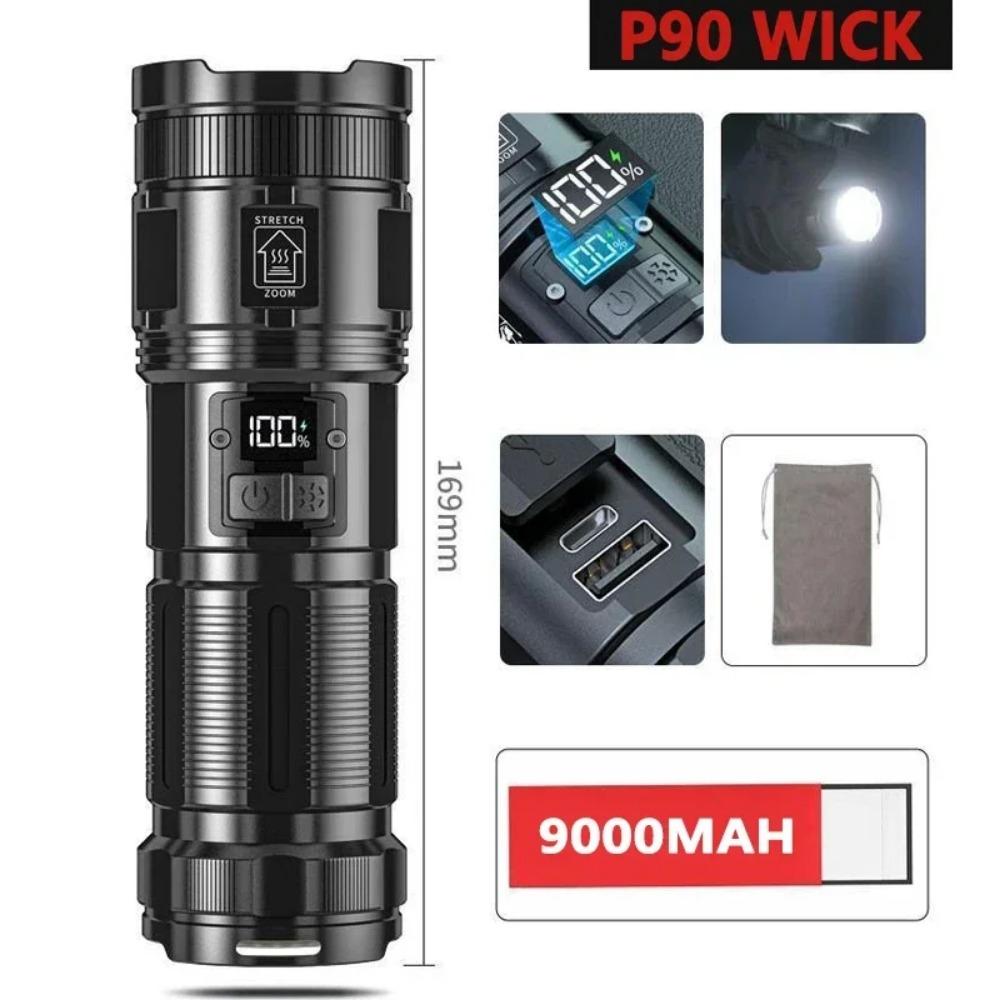 XHP90 Rechargeable LED Flashlights with Digital Display 12000 High Lumens Zoomable Flashlight for Emergency Camping Power Outage
