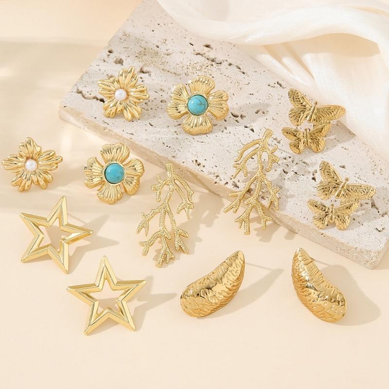 Handmade Stainless Steel Earrings Bean/Star/Floral/Butterfly/Coral Ear Studs Accessories Trendy Jewelry for Ladies