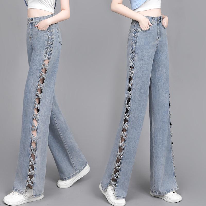 Women's Light Blue Summer Jeans - Stylish Design, Side Hollow, Straight Wide Leg