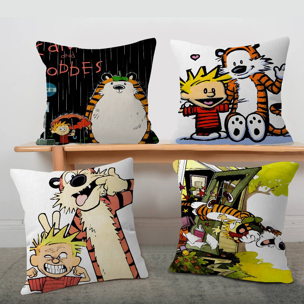 Book C-Calvin and H-Hobbes Pillow Covers Cartoon Sofa Decorative Home Double-sided Printing Short Plush Cute Cushion Cover