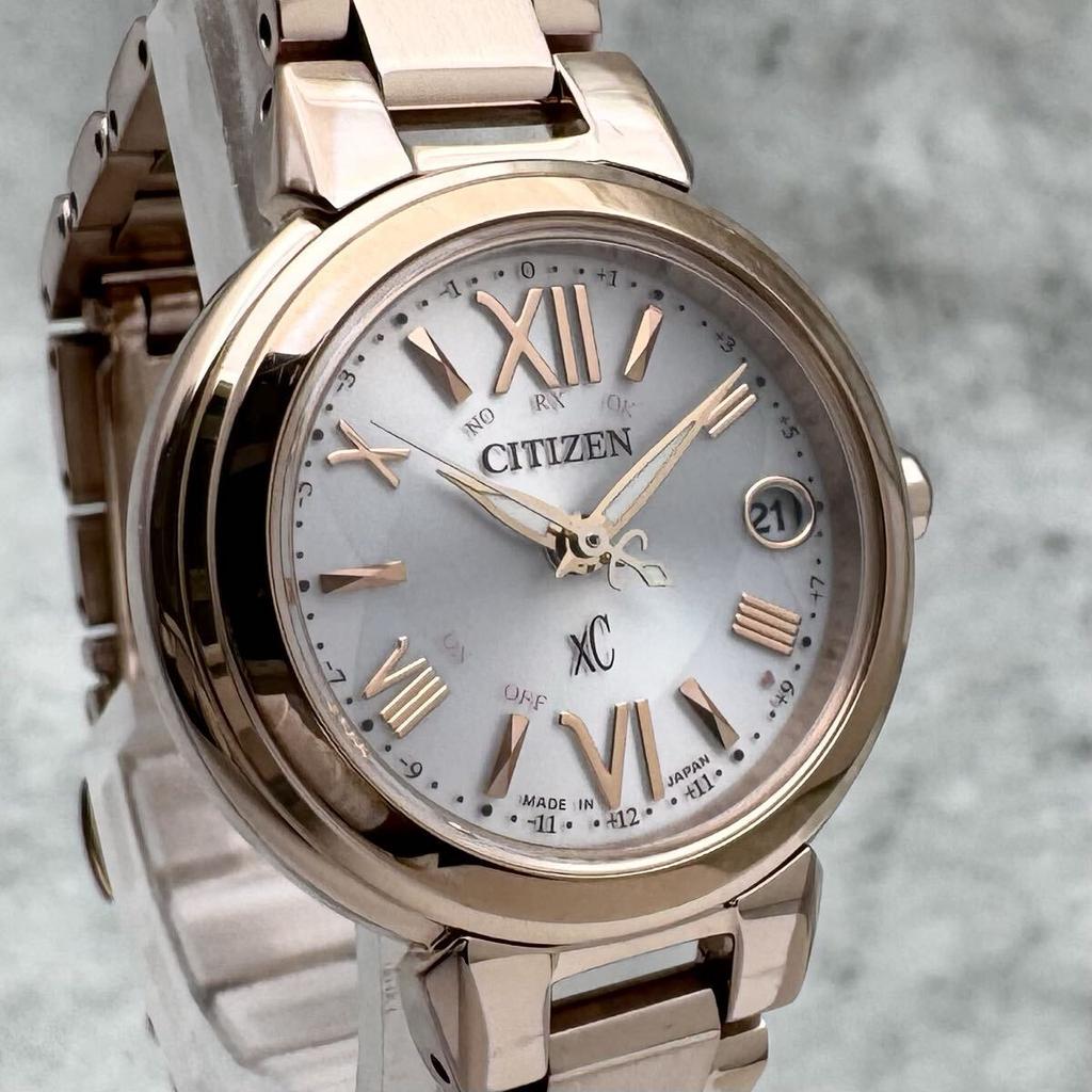 CITIZEN xC Cross Sea Pink Gold Silver Dial Watch Radio Solar Roman Numerals Ladies ES9435-51A Eco-Drive