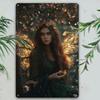 Metallposter Wandkunst Fee Goldene Krone Smaragd Wald Magie Heimdekor
