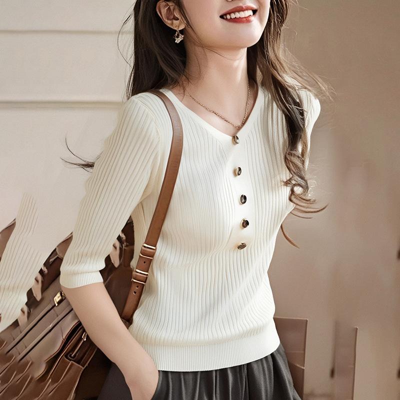 

Раннеосенний трикотажный свитер с рукавом три четверти, топ со средним рукавом, базовая рубашка one size fits all