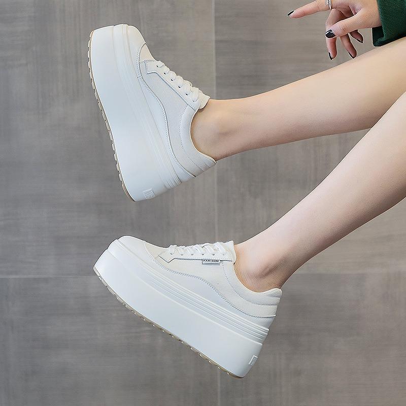 Fashion 8cm New Canvas Genuine Leather Women Pink Fashion Sneakers Platform Shoes Wedge Hidden Heel Ladies Summer Mixed Color Vulcanize