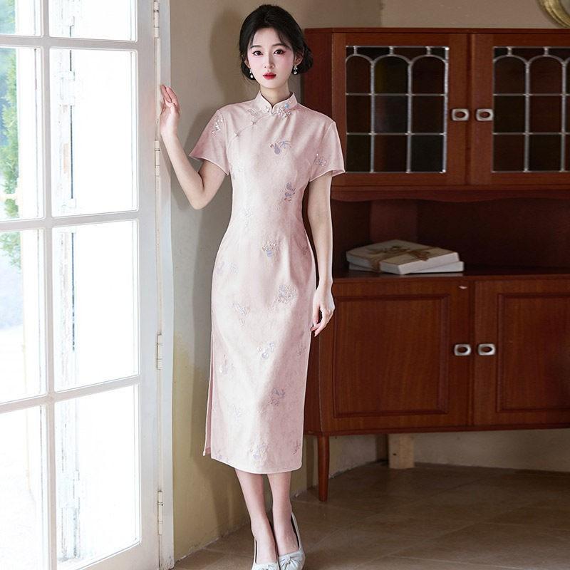 Elegant Pink Embroidered Cheongsam Dress Womens Modern Chinese Style Long Qipao 2026 Small