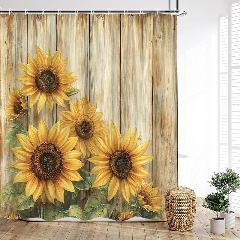 Rustic Sunflower Shower Curtain Farmhouse Floral Butterfly Daisy Vintage Spring Flowers Wooden Plank Country Home Bathroom Decor