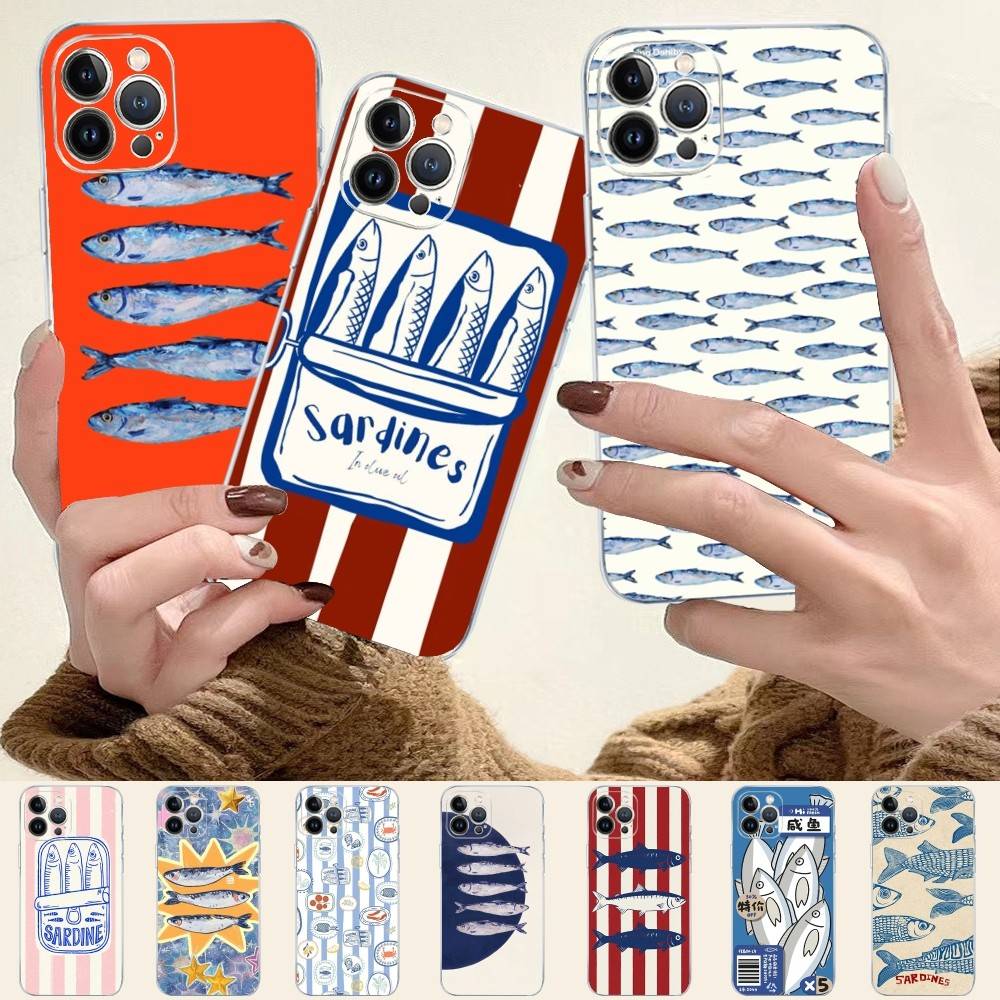 Sardines Retro Art Seafood For IPhone 17 16 15 14 13 12 Mini 11 Pro Max Transparent Case