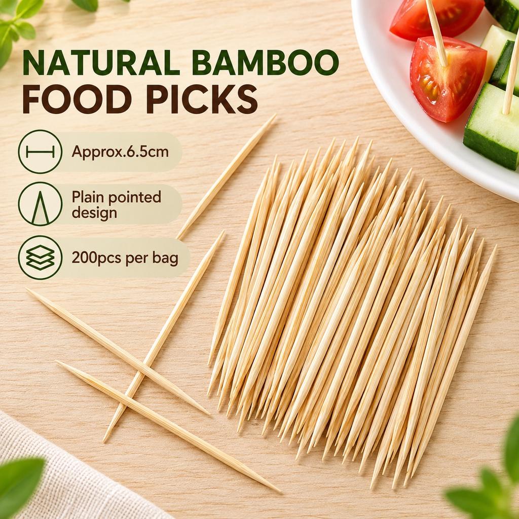 200pcs Natural Bamboo Toothpicks, Approx.6.5cm Appetizer Picks