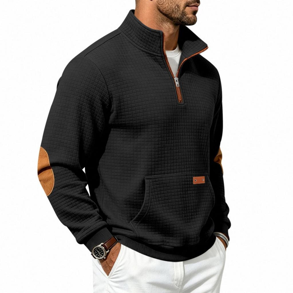 Men's Pullover Sweatshirt with Stand Collar Check Pattern Loose Fit for Outdoor Casual Wear