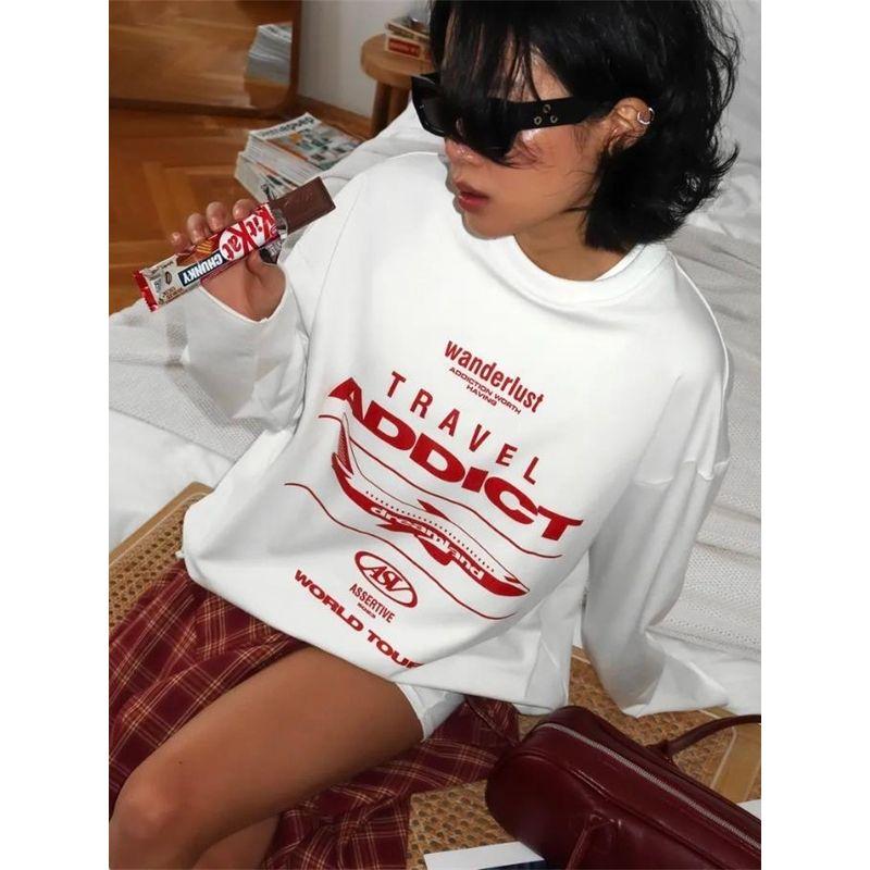 European and American Fashion Print Cotton Long sleeve Mid-Length T-shirt Women Oversize Tee T Shirt Top Women